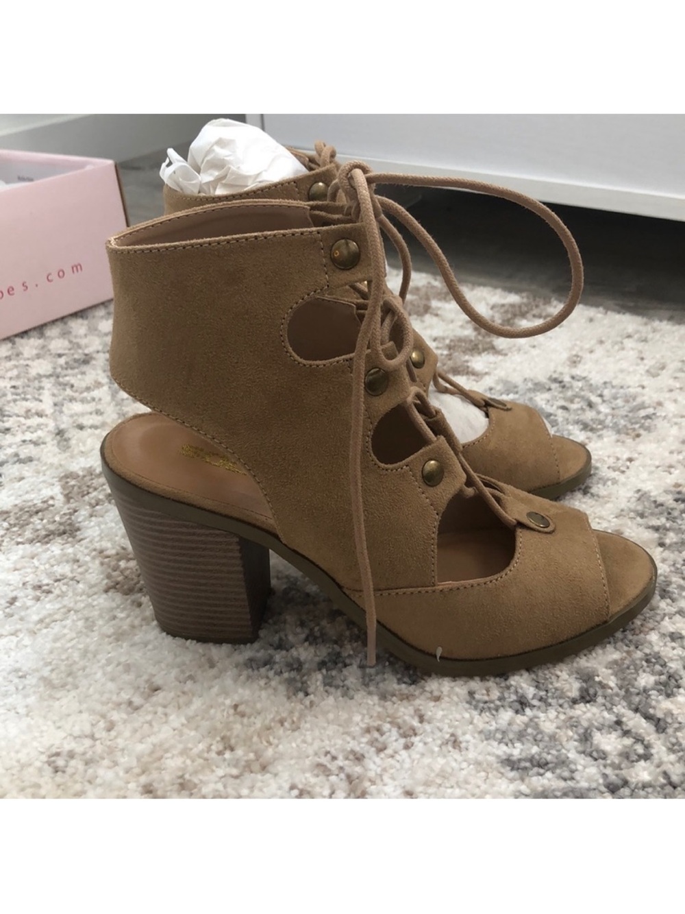 Soda Tan Lace-Up Peep Toe Block Heel Sandals - 7